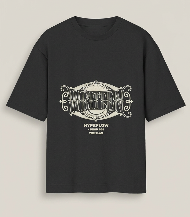 WRITTEN black tee with front on left, back on right and a center divider