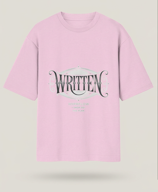 WRITTEN Light Baby Pink tee, front on left and back on right with a center divider