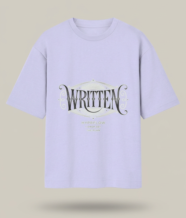 WRITTEN Lavender tee with front on left, back on right and a fine center divider
